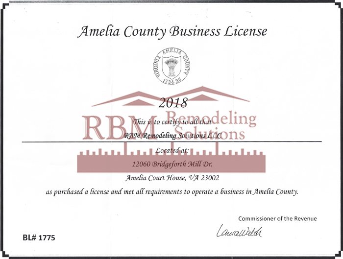 Amelia County Business LICENSE for 2018 is up to date for RBM Remodeling Solutions