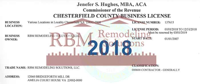 Chesterfield County Business LICENSE for 2018 is up to date for RBM Remodeling Solutions