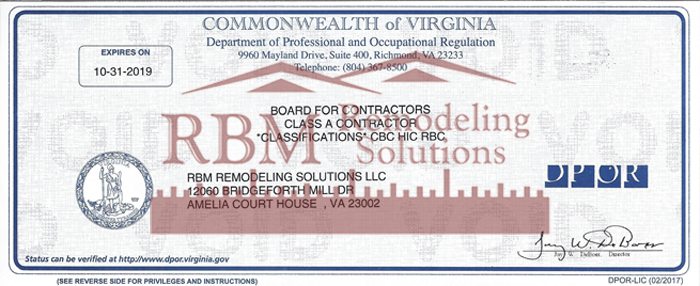 RBM Remodeling Solutions is a full service Virginia Class A contractor.