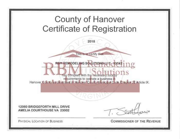 Hanover County Business LICENSE for 2018 is up to date for RBM Remodeling Solutions
