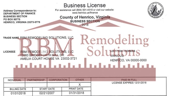 Henrico County VA Business LICENSE for 2018 is up to date for RBM Remodeling Solutions, LLC – Richmond, VA