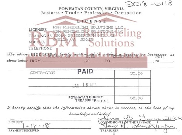 Powhatan County Business LICENSE for 2018 is up to date for RBM Remodeling Solutions